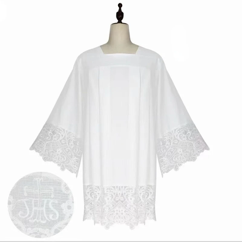 화이트 스퀘어 넥 라인 Surplice 카톨릭 교회 성직자 성직자 의상 Chasuble Pleated Lace Liturgical Alb Cottas Vestment