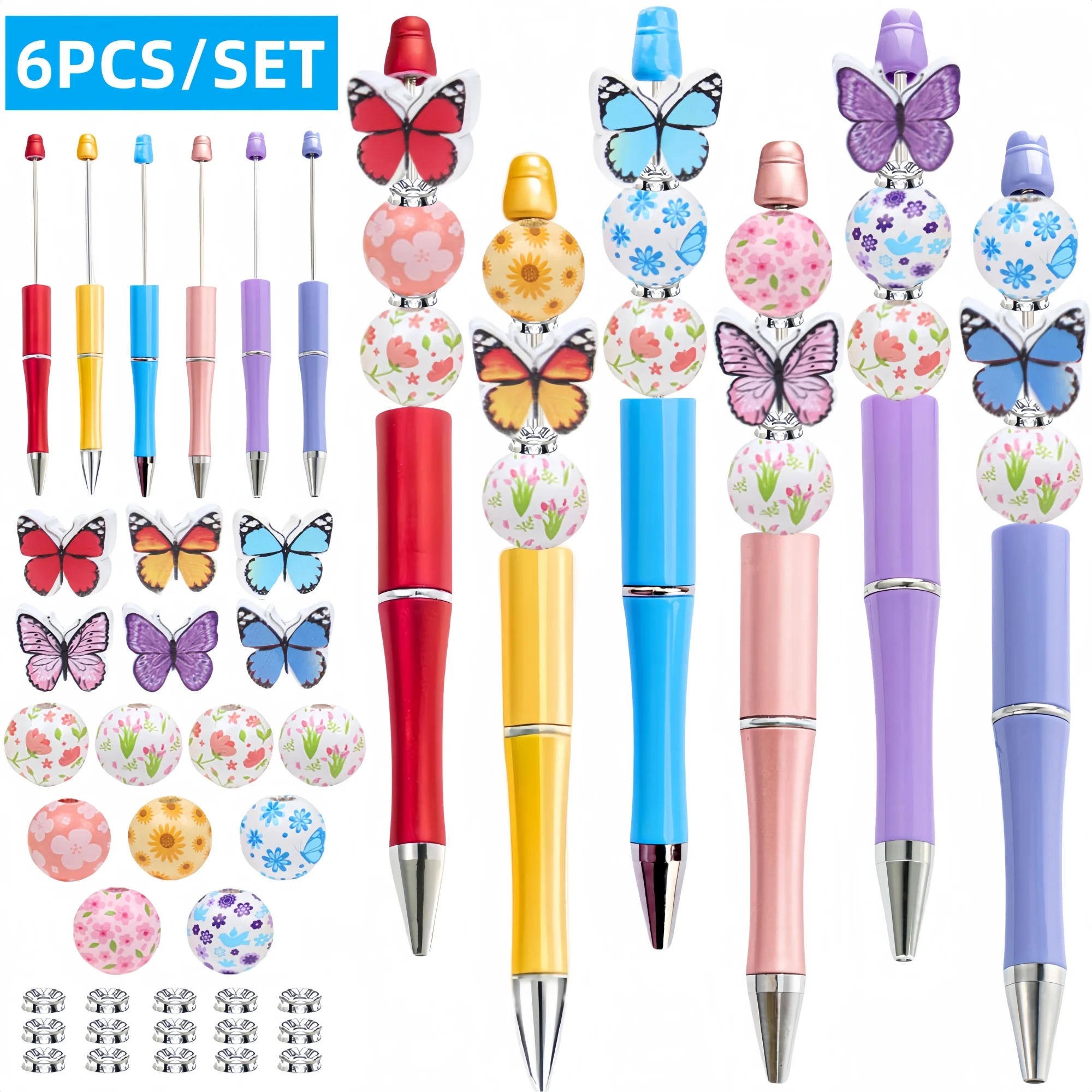 6 قطعة جديد الربيع والصيف قوس قزح فراشة زهرة موضوع DIY بها بنفسك حبة قلم حبر جاف ومجموعة خرز خشبي ، مكتب ودراسة العرض