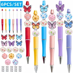 6PCS New Spring And Summer Rainbow Butterfly Flower Theme DIY Bead Ballpoint Pen&Wooden Bead Set,Office&Study Supply