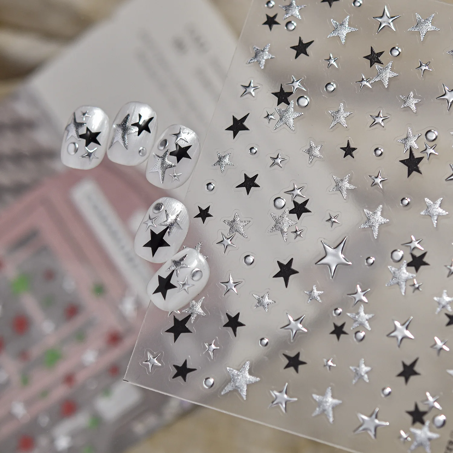 Minimal Punk Stars 5D Nail Art Decals Black Silver Contrast Metal Hollow Five‑Pointed Star Nail Stickers Self‑Adhesive Manicure
