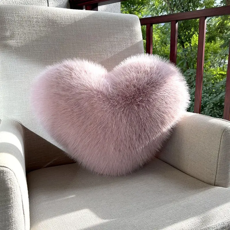 Valentine‘s Day Gift Plush Heart Shaped Pillow Imitation Fox Fur Throw Pillow for Home Decor Photo Shoot Prop Soft Seat Cushions