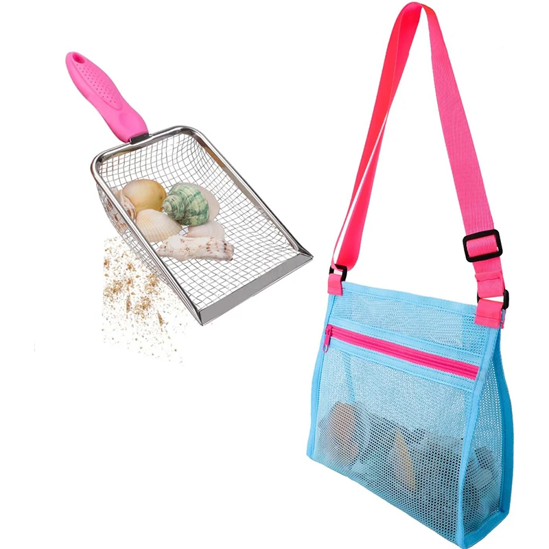 Beach Mesh Shovel with Mesh Shell Bags, Kids Filter Sand Scooper for Picking Up Shells,Shark Tooth Sifter Dipper for Boys and Gi