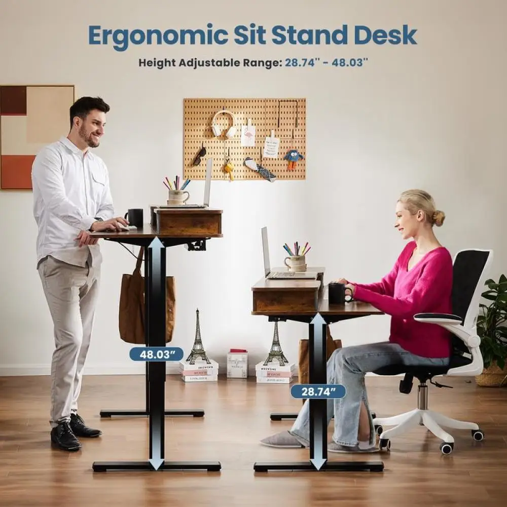 Escritorio de pie eléctrico ajustable en altura, mueble con estante de almacenamiento, cajón doble, escritorio de pie
