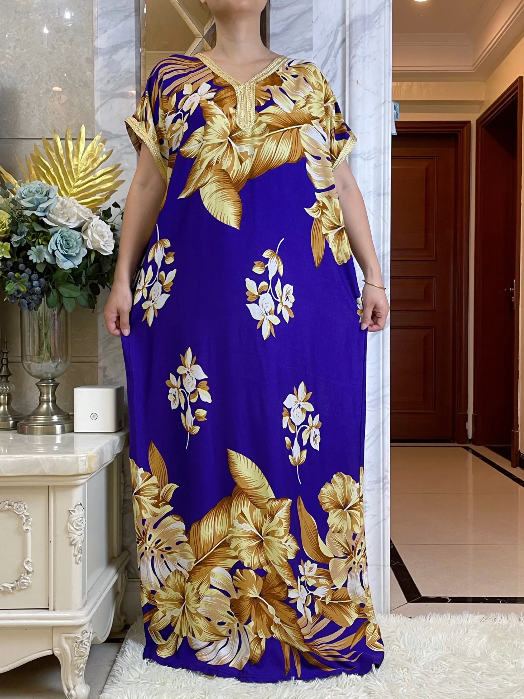 2023 Short Sleeve 2 Pieces African Dashiki Floral Printing Solid Cotton Loose Caftan Lady Summer Maxi Casual Dresses Vestidos