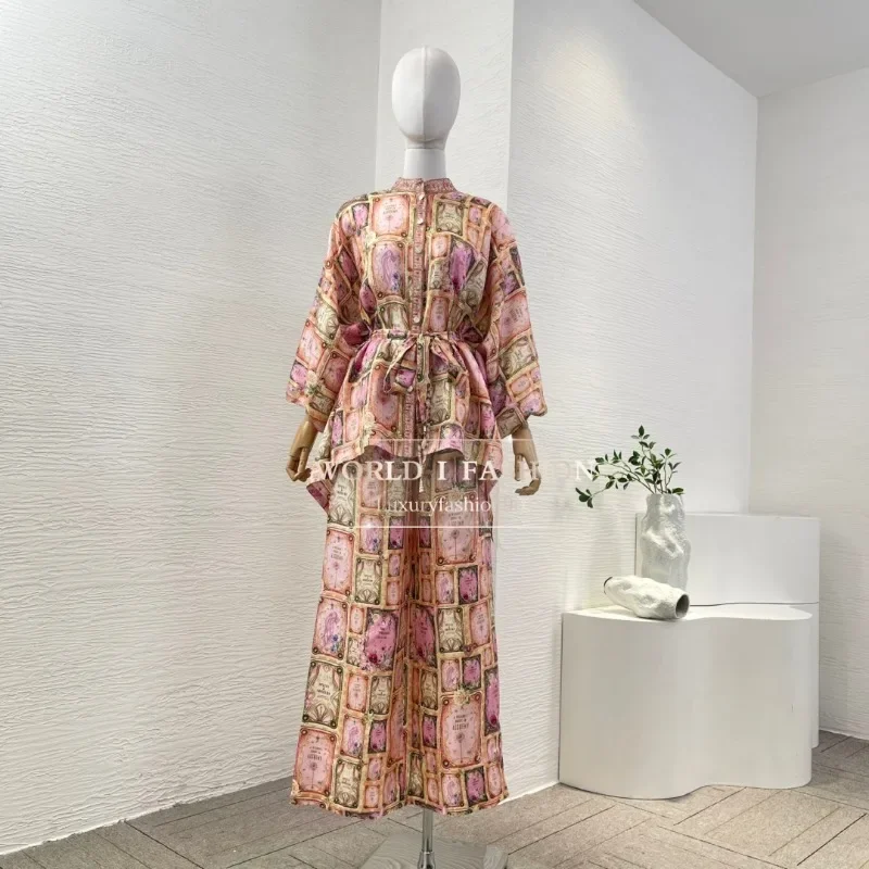 Pink Floral Print Long Sleeve Stand Collar Blouse Tops and Pants Set