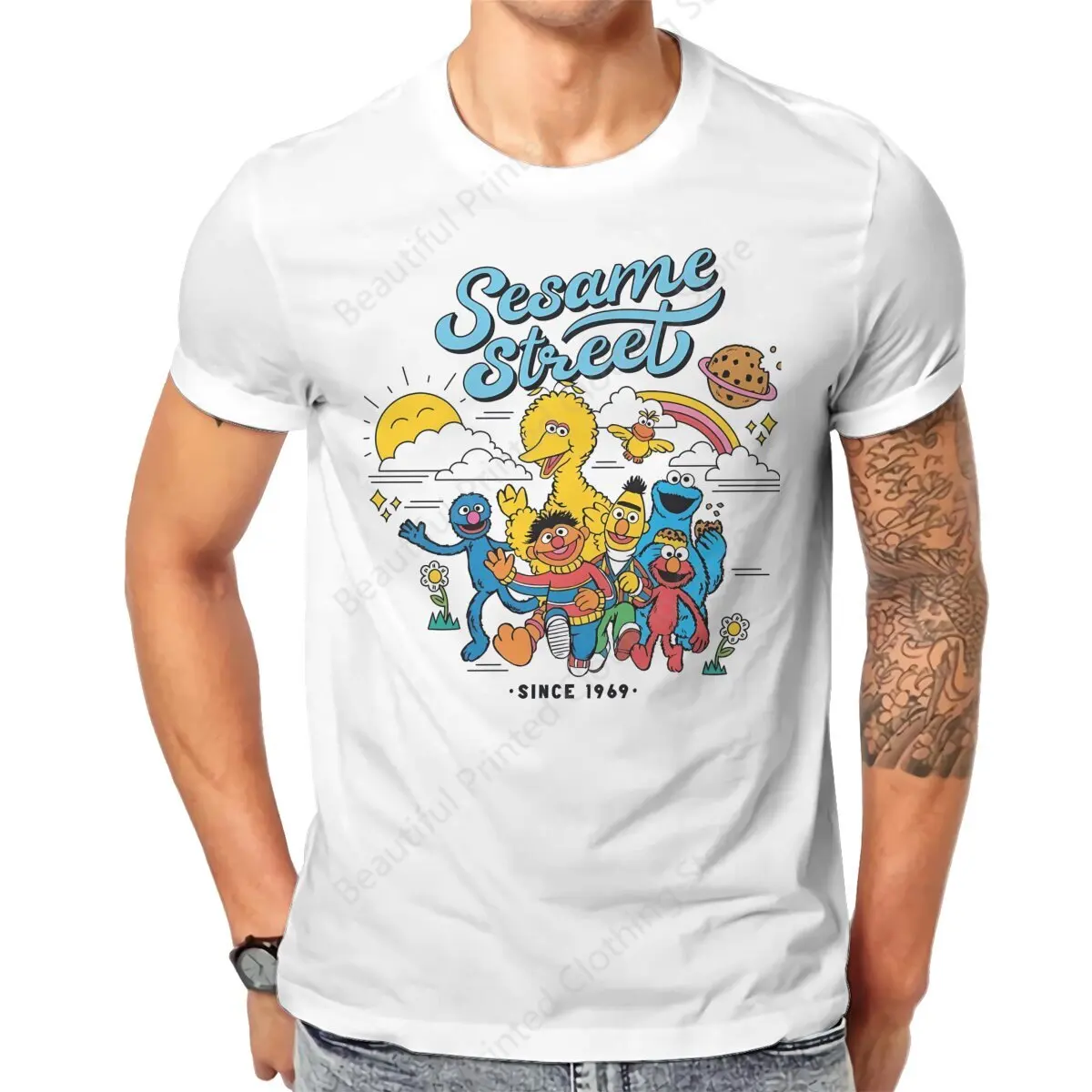 100% Cotton T-shirt Cartoon Sesame Streets Group Print Breathable Men's Women's T-Shirts Loose Oversized Short Tee