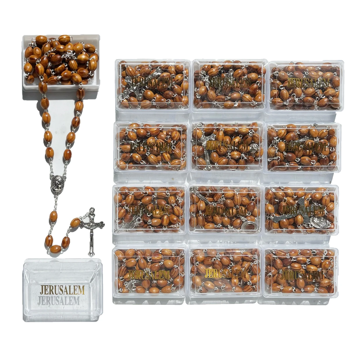 12Pcs Hand Crafted Imitation Olive  Wood Rosary with Holy Land Soil Earth Relics With JERUSALEM BOX