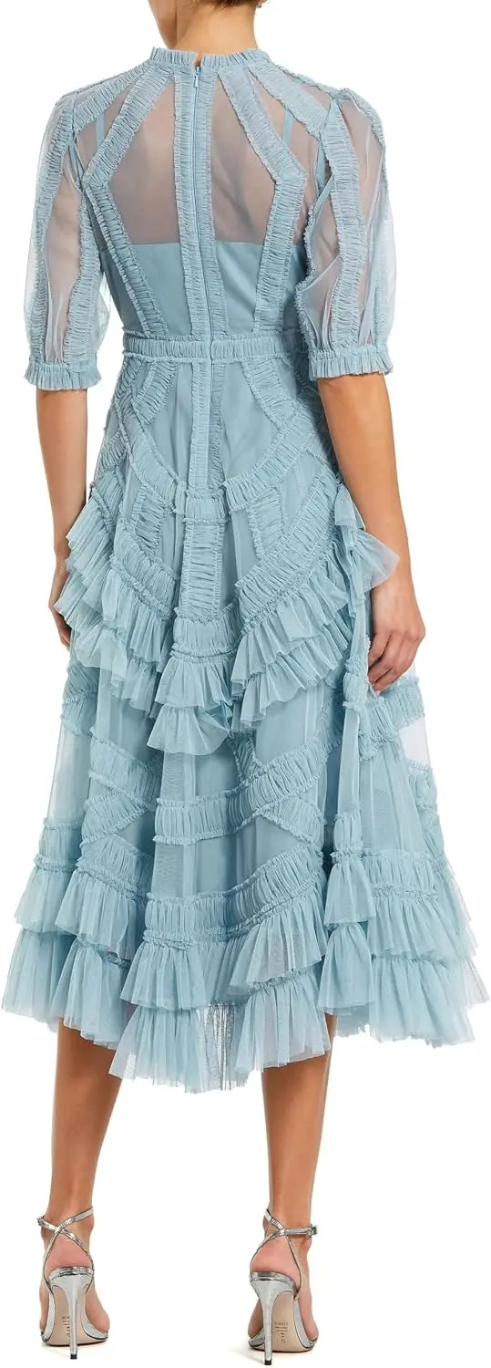 Mesh Ruffle Tiered A Line Midi Wedding Dress for Guests