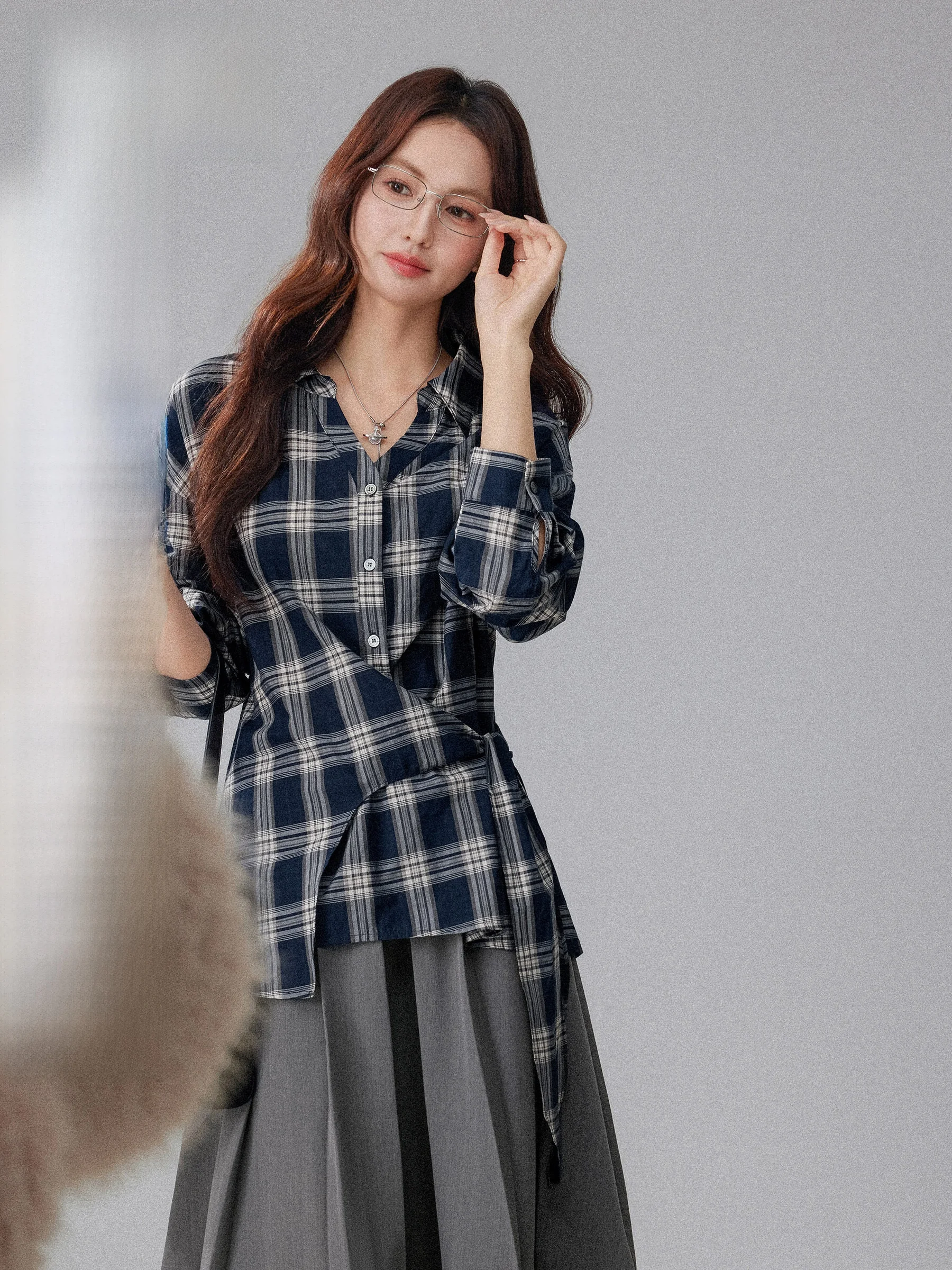 

Women's Vintage Plaid Long Sve irt Waist Cinched Asymmetrical Design Spring Early Korean Sle Casual Faion irt