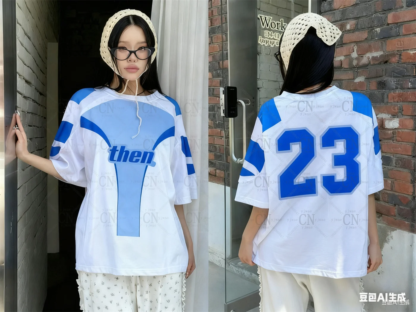 الكورية نمط جديد 23 طباعة الجرافيك تي شيرت س الرقبة ملابس رياضية فضفاضة قصيرة الأكمام المألوف الشارع ارتداء Y2k تي شيرت المرأة #2