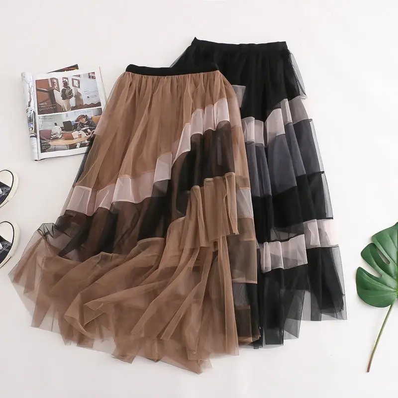 Wedbleser Spring Autumn New Color Blocked Mesh Multi Layer Irregular Versatile Elastic Waist Mid Length Skirt Half Length Skirts