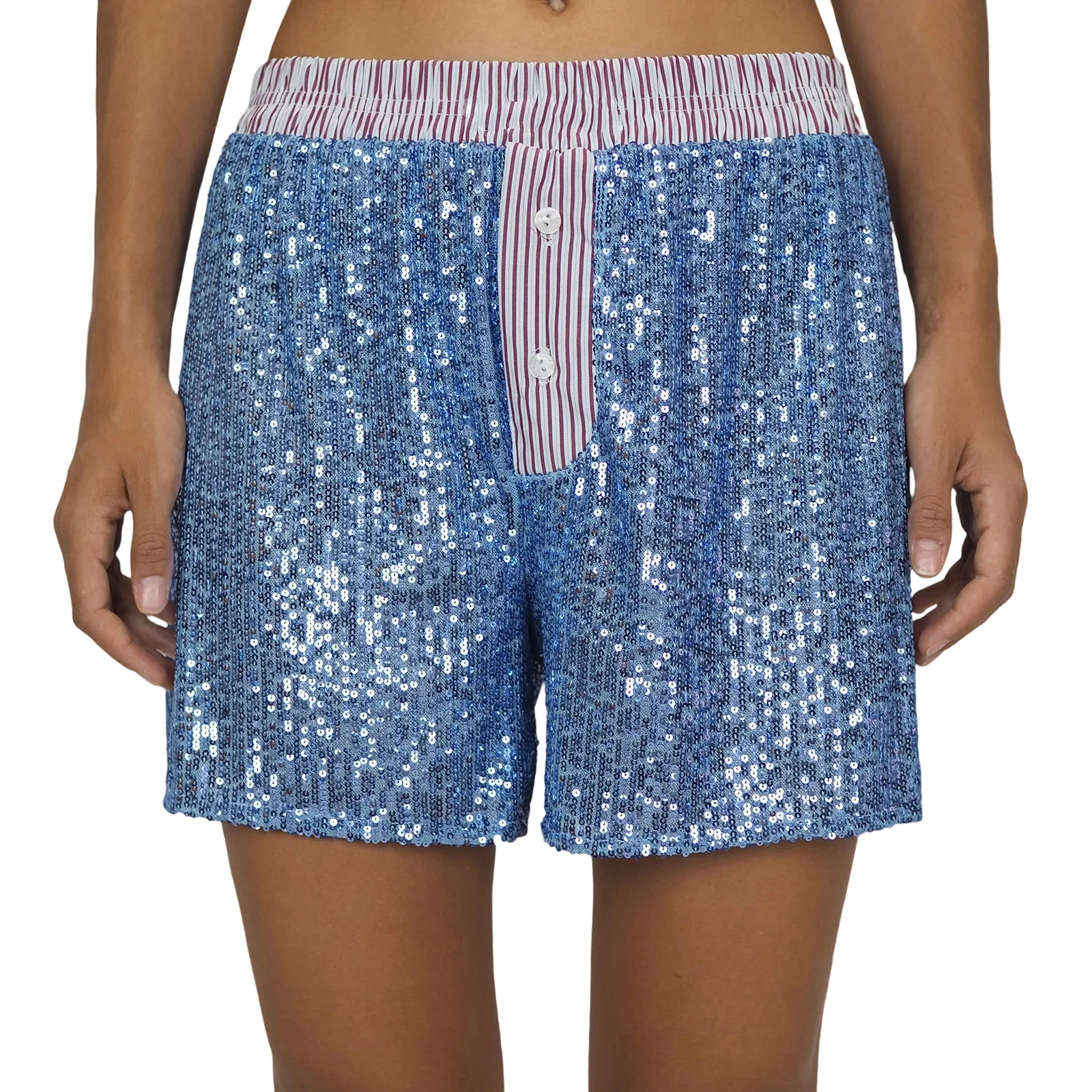 

Women s Pajama Shorts Sparkly Sequined Striped Trim Low Rise Sleep Shorts for Summer
