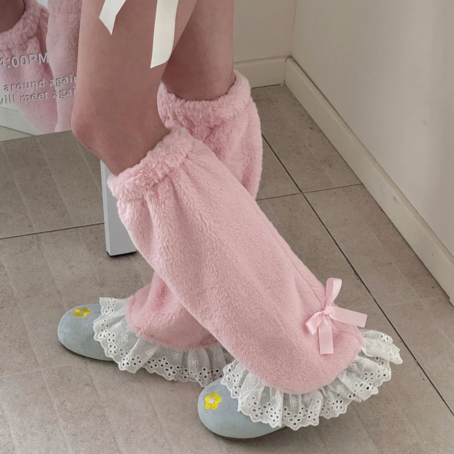 Plüsch-Beinlinge für Damen, Herbst und Winter, warme Fußabdeckung, lange Socken, Schleife, Spitze, Lolita, süß, verdickt, Beinabdeckung, Kniestrümpfe, Strumpf