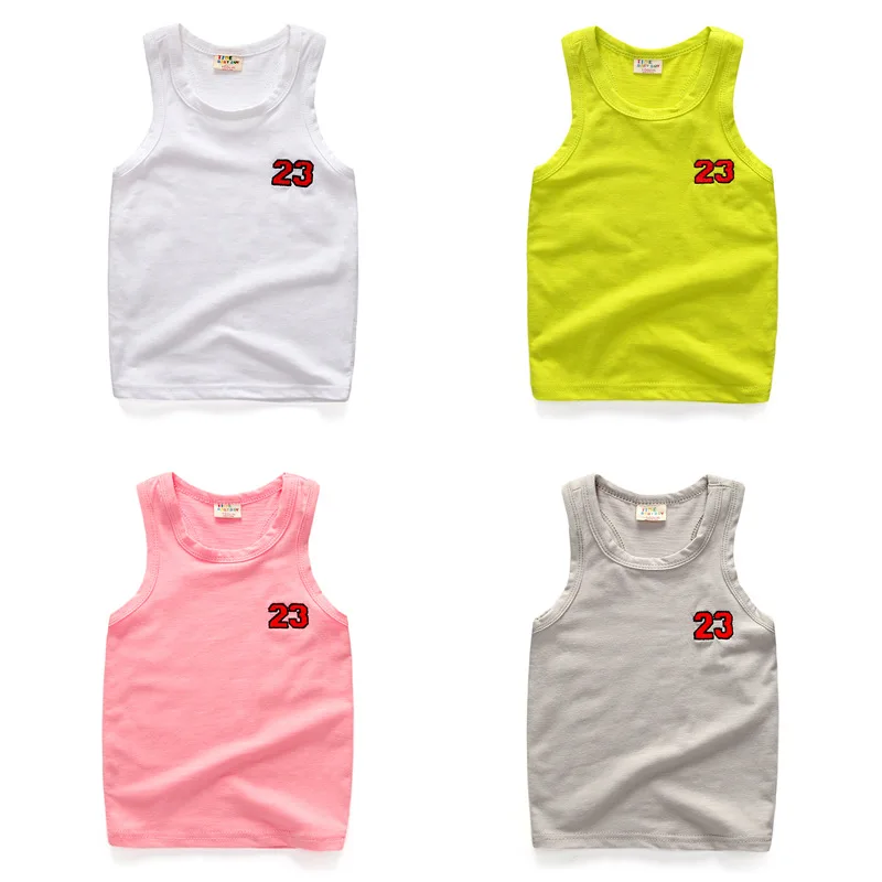 Kids Summer Sleeveless T-shirt Boys' Slim Fit Tank Top with Embroidered Letters Cotton Blend, Available for Ages 3-8, 4 Colors