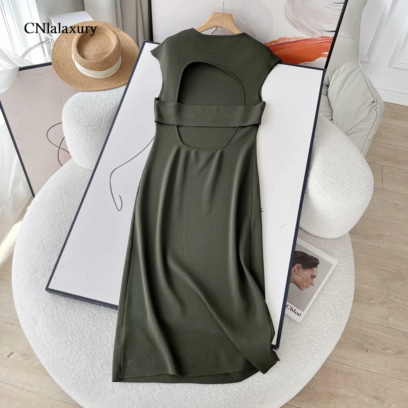 CNlaalxury Women 2024 Spring Summer New Fashion Knitted Dress Chic Round Neck Slim Sleeveless Casual Robe Dress Vestidos Mujer