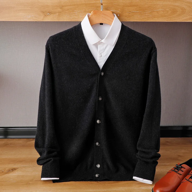 100% Wool Cardigan Men\'s New Casual Knit Jacket V-Neck Loose Large Size Top Wild Warm Shirt Spring Autumn Youth Cashmere Sweater