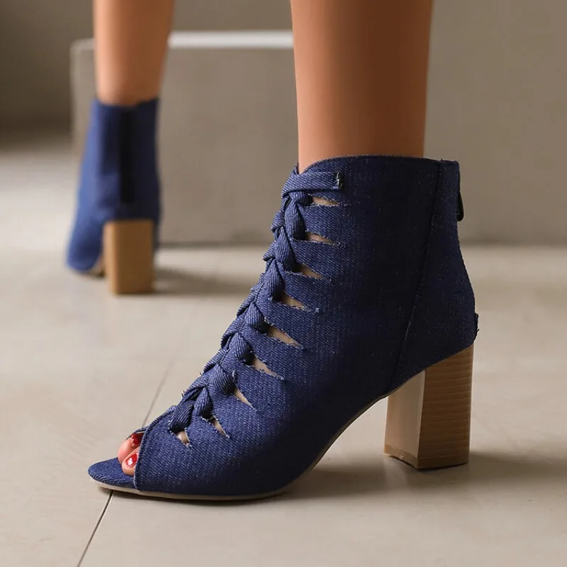 2026 Summer Breathable Women's Sandals Thick Bottom Square Heel Cowboy Fish Mouth Sandals Size 35-48
