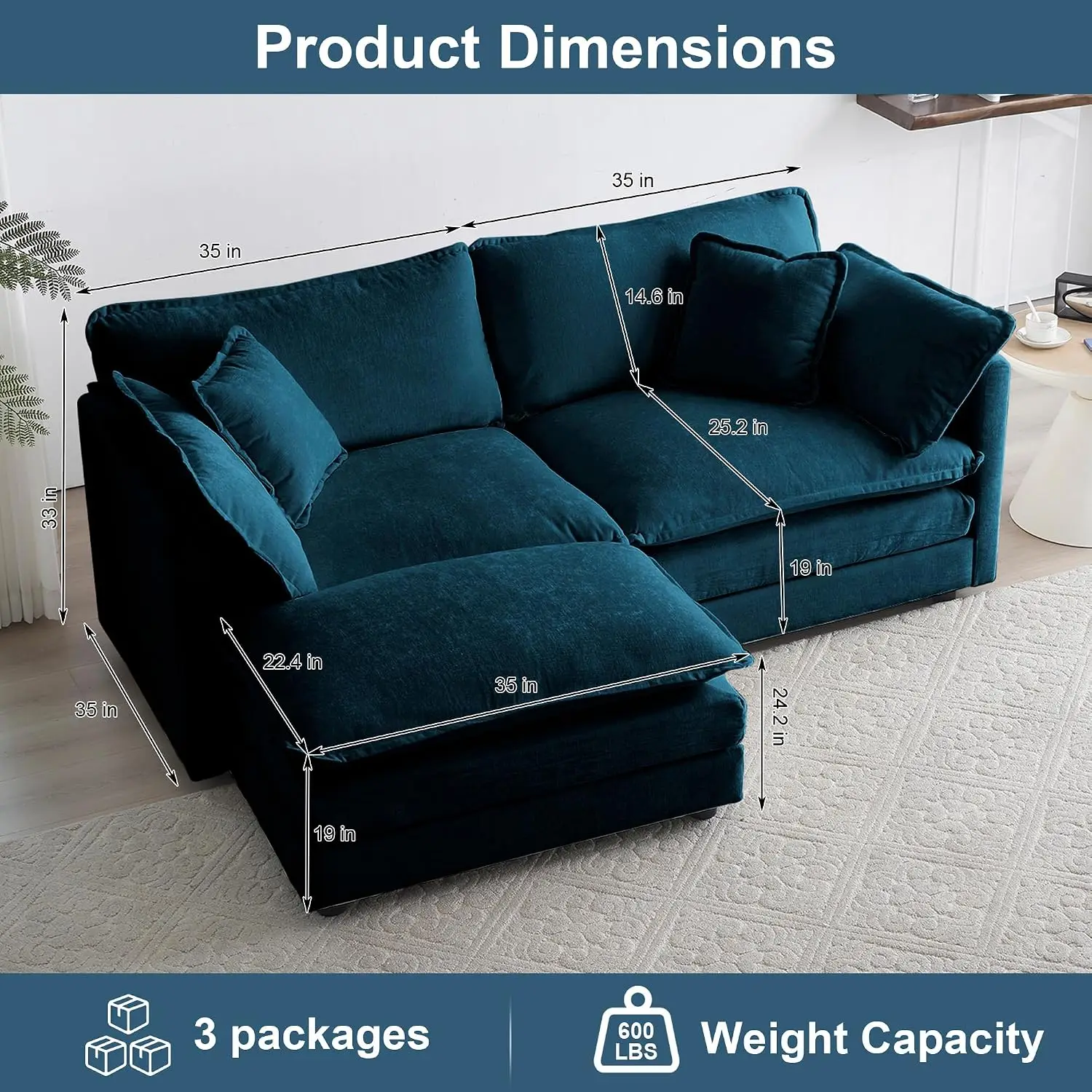 Chenille L-Shaped Modular Sectional Sofa, Blue, 76.7