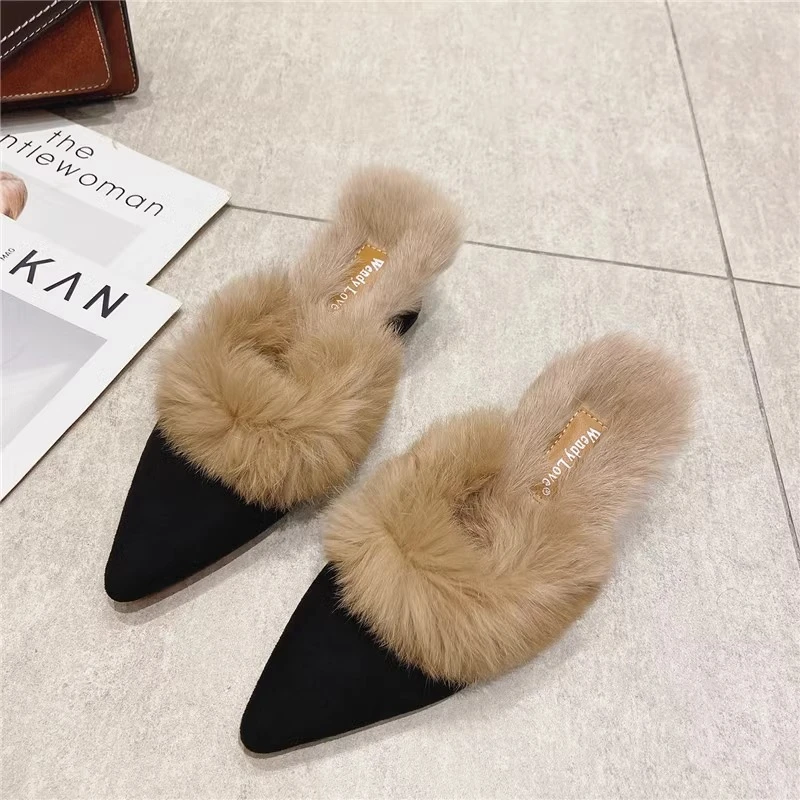 LazySealern Square Heel Warm Real Rabbit Hair Slippers Winter Pointed Toe Luxury Fur Square Heel Lady Mujer Indoor Slides