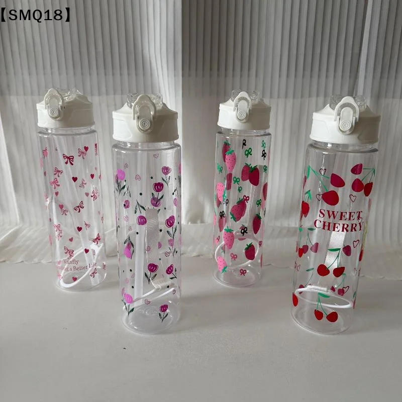 750ML White Water Bottle Full Printed Cartoon Strawberry Bow Flower Fade Resistant Leakproof Reusable Stylish Cup Sports【SMQ】