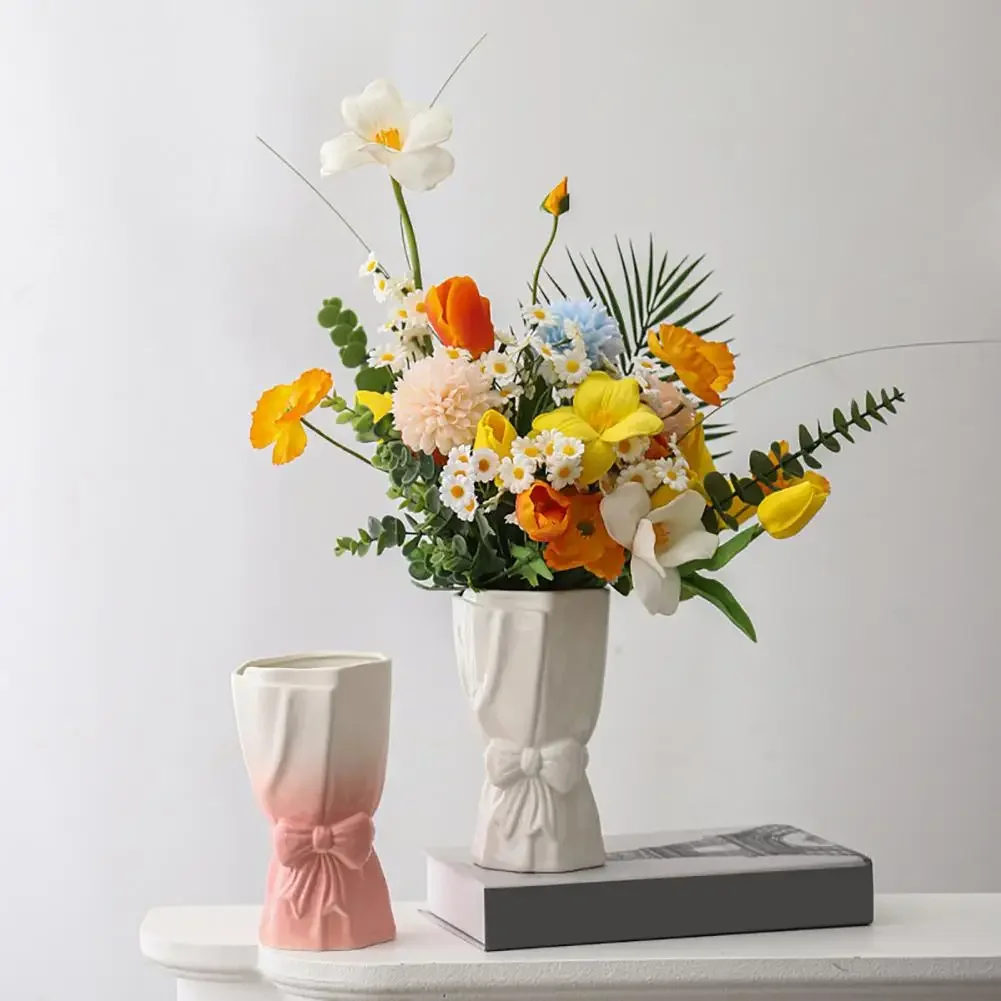 Ceramic Flower Vase with Bow Donut Shape Vase Flower Arrangment for Wedding Valentine's Day Home Decor