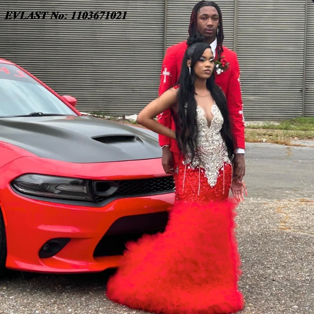 

EVLAST Customized Red Mermaid Prom Dress For Black Girls Silver Sequin Crystals Beaded Ruffles Party Gown Vestidos De Fiesta P58