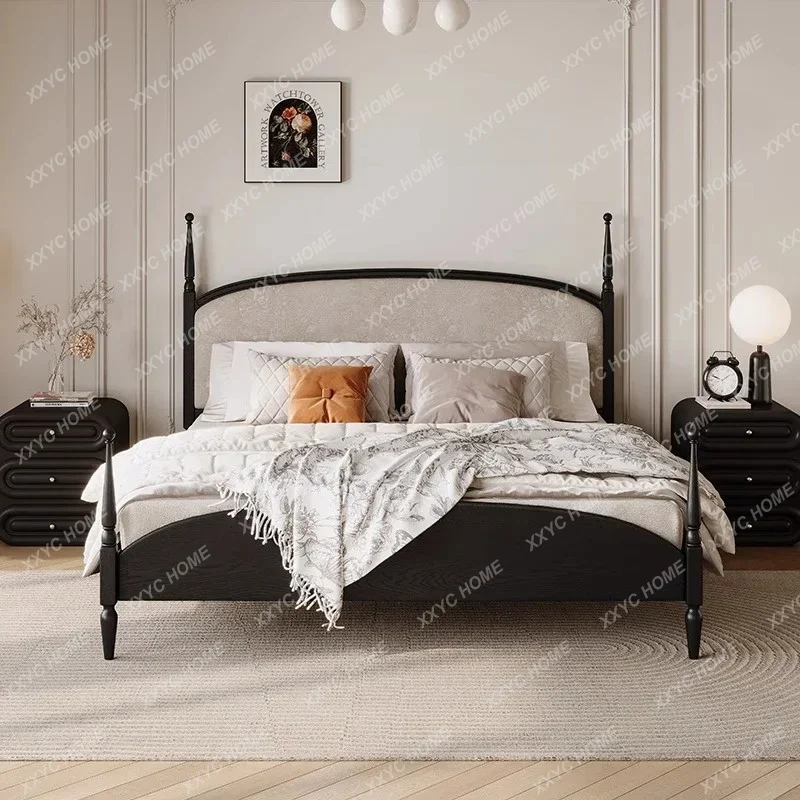 XX X Retro Modern Simple Solid Wood Bed 1.5 Master Bedroom Black Soft Bag Flannel 1.8 Meters Double Bed