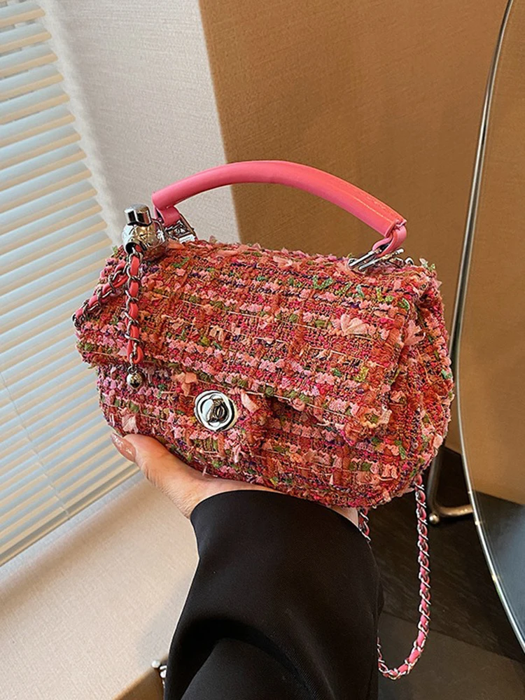

Women's Woolen Tweed Chain Crossbody Bags Autumn Winter Sequin Small Square Handbags for Party Fashion Single Shoulder Bag red