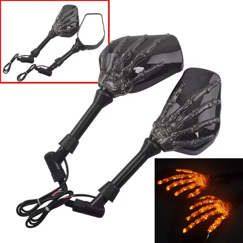 8mm 10mm Motorcycle Skeleton Skull Hand Claw Rearview Side Mirrors W/ Amber LED Turn Signal Lights For Harley Honda Universal