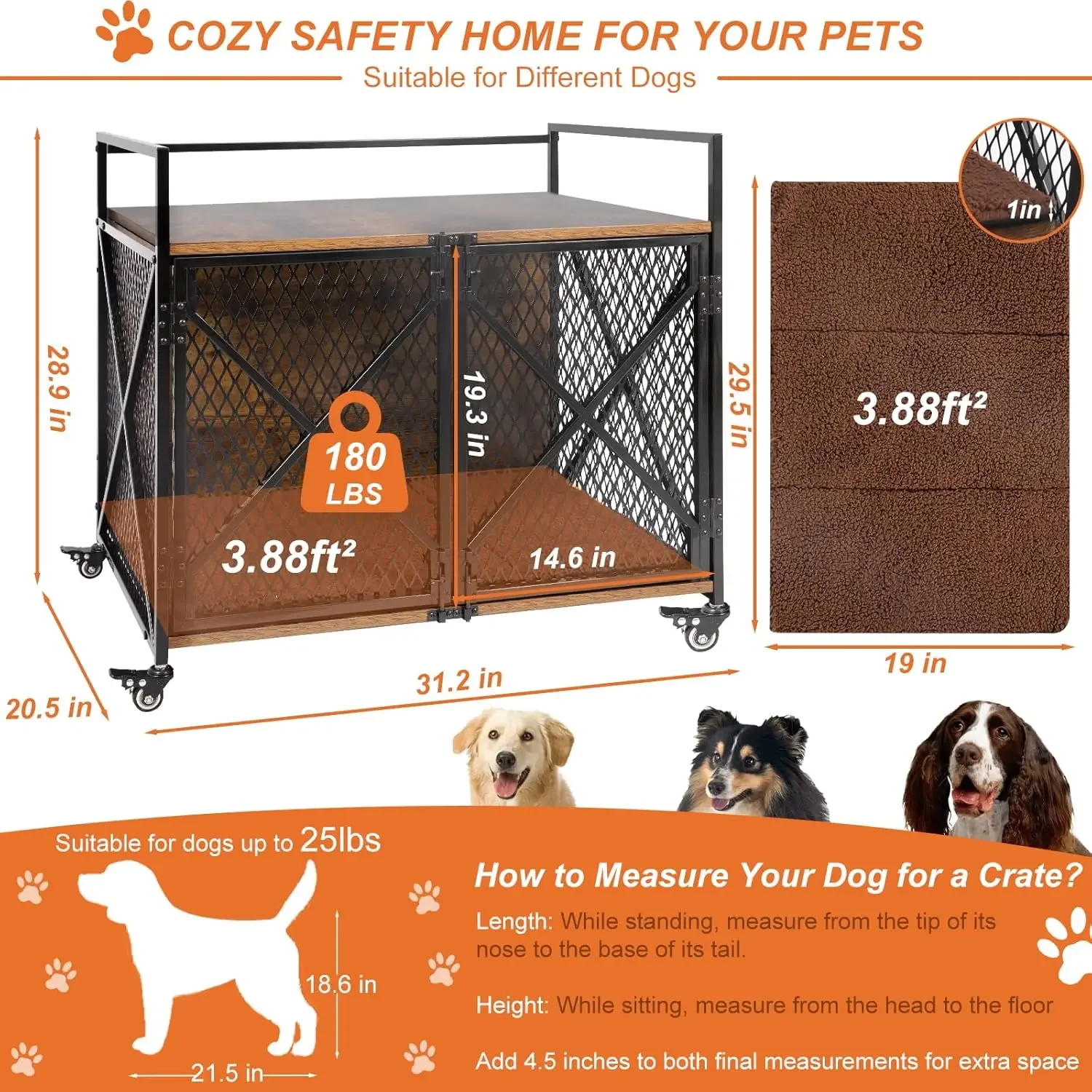 

31.2" L Heavy Duty Dog Crate Furniture with Cushion, Wood Indoor Dog Crate Kennel End Table Indoor Double Door Kennel