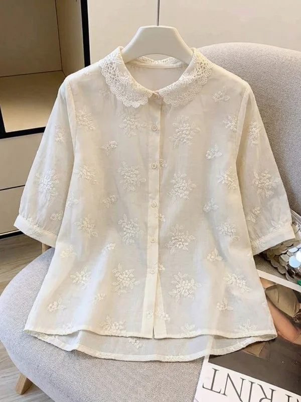 

Lace Floral Embroidery Doll Collar Shoulder Length Shirt Women's Korean Style Summer New Loose Fit Breathable Short Sleeve