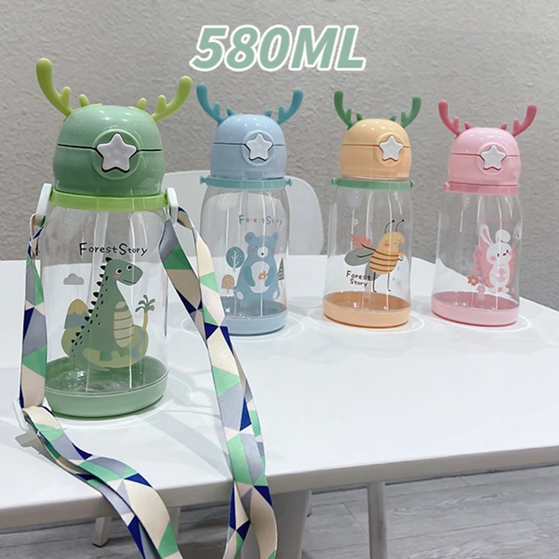 Cartoon Antlers Water Bottle For Kids Sippy Cups Water Bottle With Straw Baby Water Feeding Cups Portable Leakproof Water Bottle