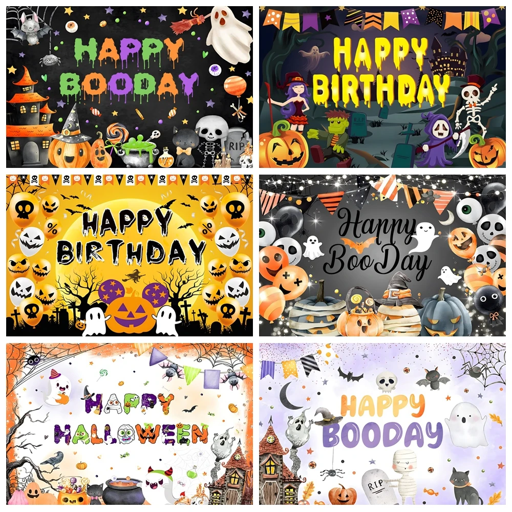 Happy Halloween Backdrop Horror Moon Pumpkin Witch Bat Scary Ghost Cartoon Halloween Kids Portrait Photography Background Decor