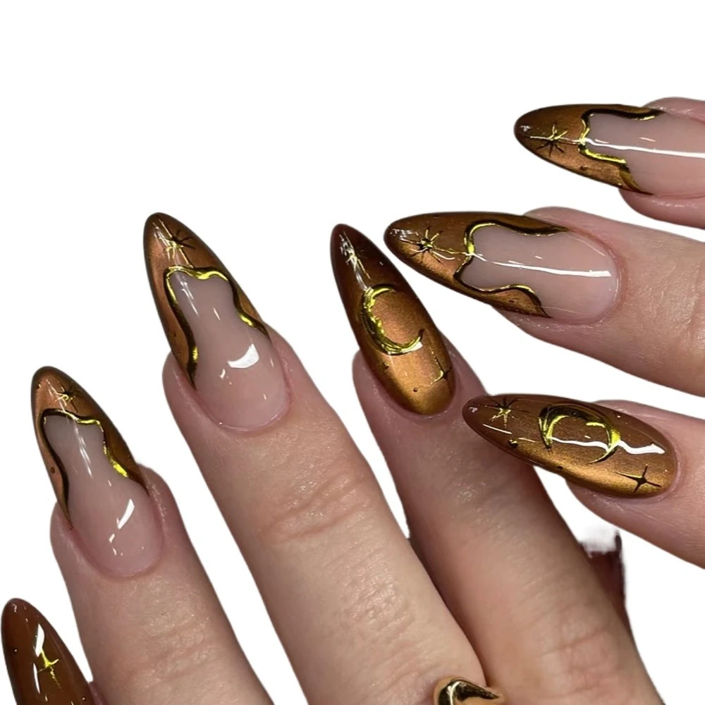 

24 шт., глянцевый пресс для ногтей «кошачий глаз», коричневый, розовый, звездное небо, французский дизайн, накладные ногти, легкий роскошный 3D-звезда, луна, элитный маникюр