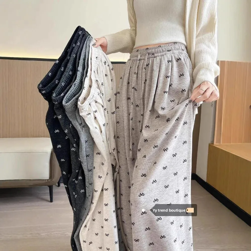 دقيق الشوفان فراشة عقدة الدبق السراويل النسائية ربيع الخريف عالية الخصر ثنى عادية كسول لينة واسعة الساق بنطلون