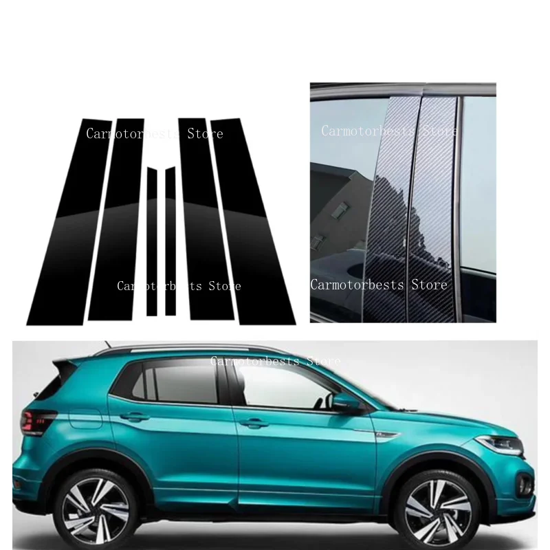 6PCS Glossy Black Silver Carbon Pillar Post Fit For VW T-Cross T cross 2019 2020 2021 Door Window Column BC Trim Sticker Cover