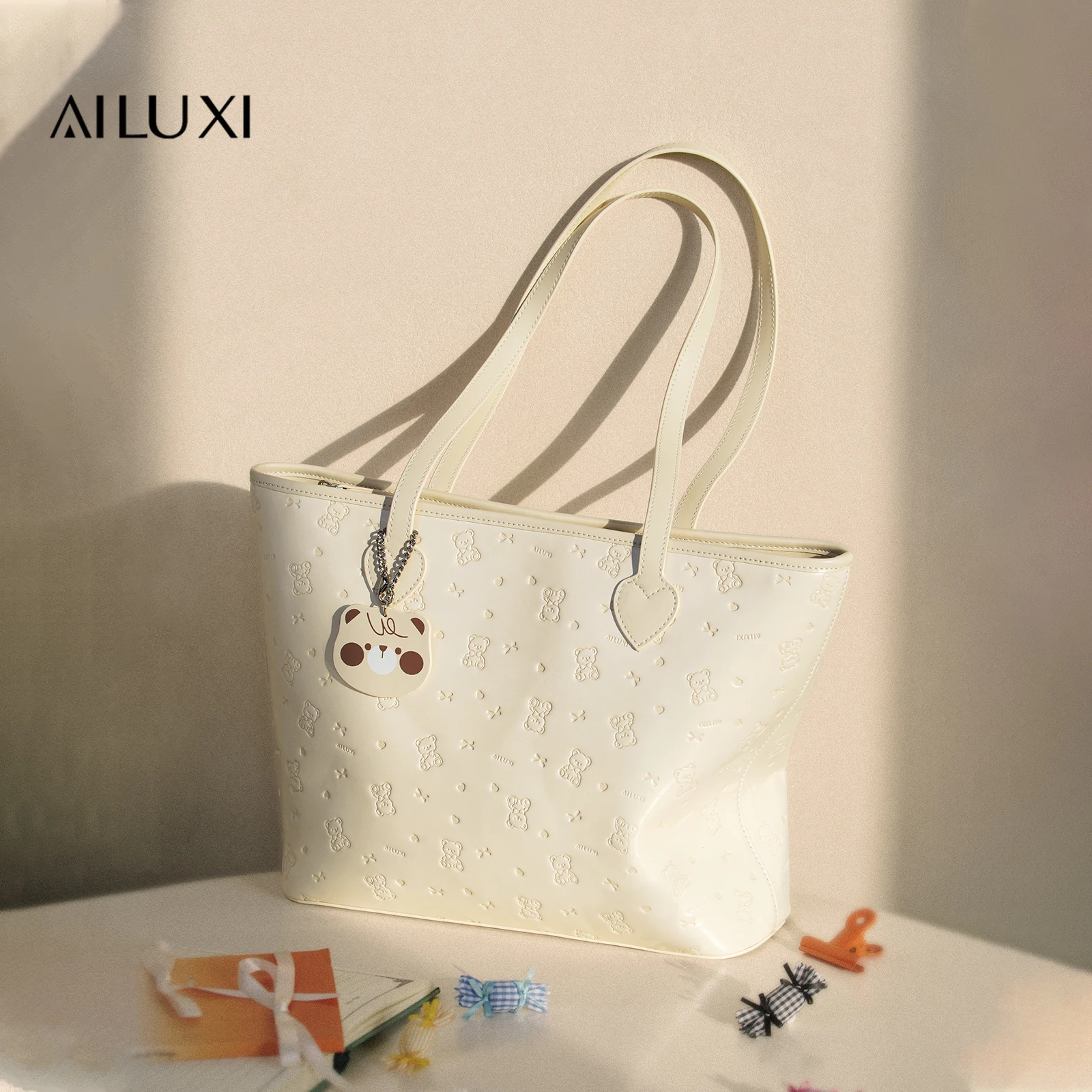 AILUXI Large Capacity Tote Bag Milk White Little Bear Pendent Handbag for 15 Inch Laptop Original Designer Brand Underarm Bag