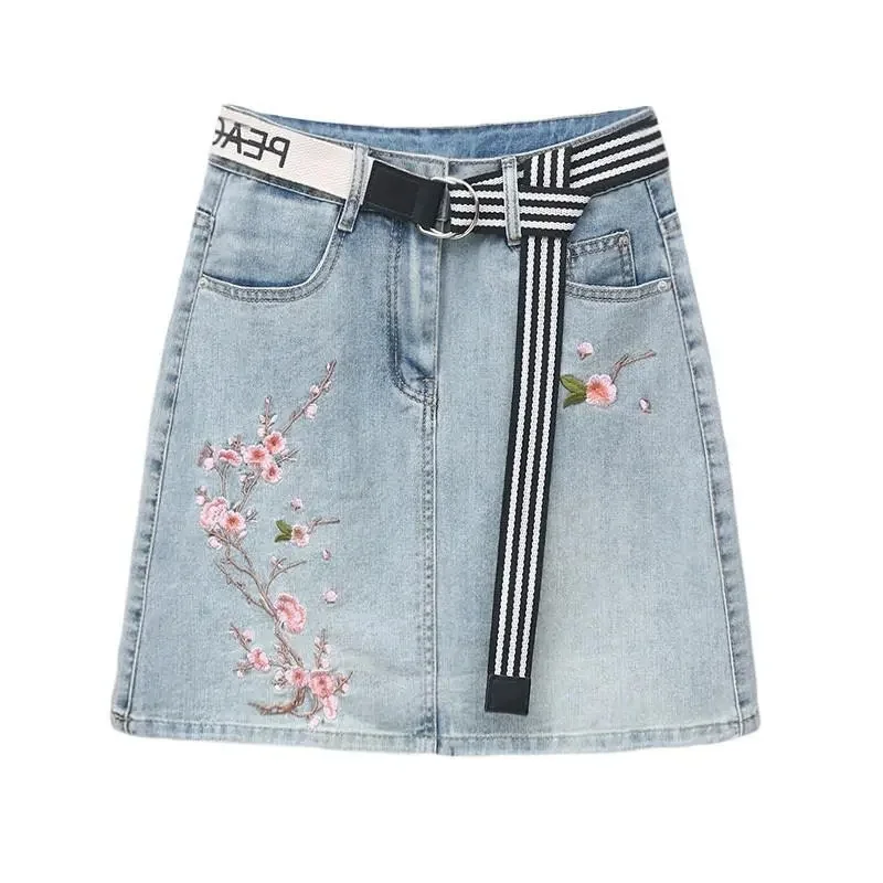 New Spring Summer Korean Fashion Retro Flower Embroidery Denim Skirt Female short  High Waist Slim A Word Hip Jeans Skirt Woman