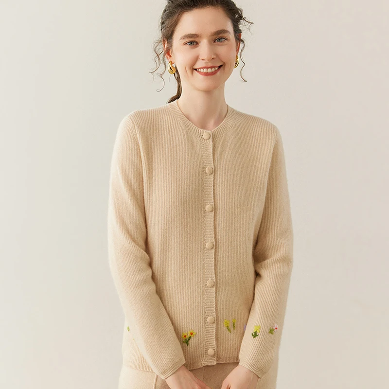 2025 Chic Woman 100% Cashmere  Cardigan Soft Warm Knitwear O-Neck Sweater Hand-embroidered Flowers Autumn Winter Office Lady Top