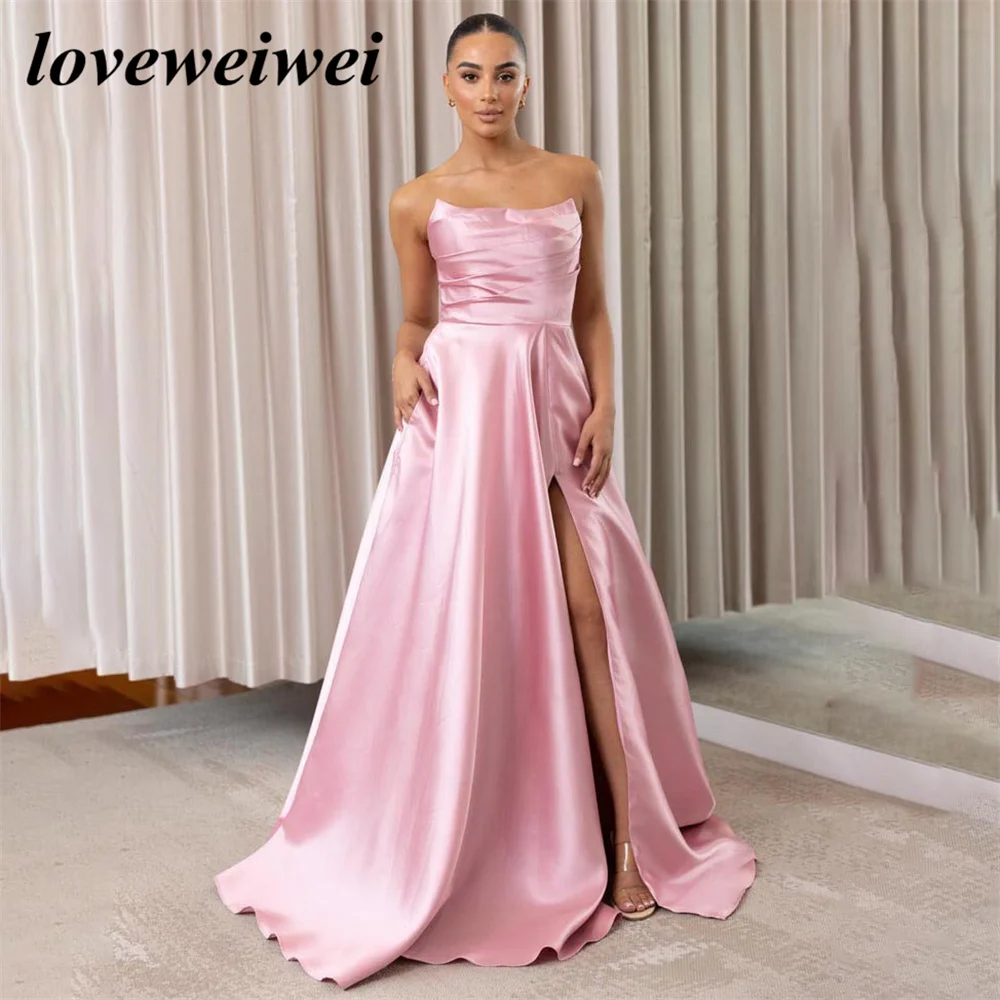 Sexy Strapless Evening Dresses For Women A Line High Side Slit Prom Dress Satin Long Formal Party Gowns robes de soirée