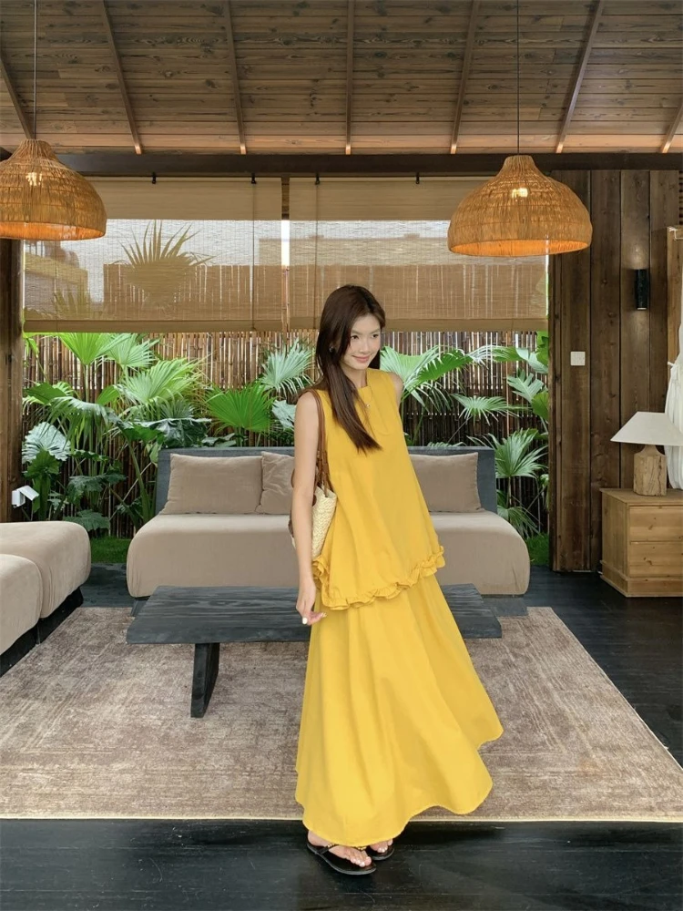 

New Korean Style Women Summer Fashion Set Yellow Ruffle Sleeveless Tank Top High Waist Loose Skirt Two Piece Outfit