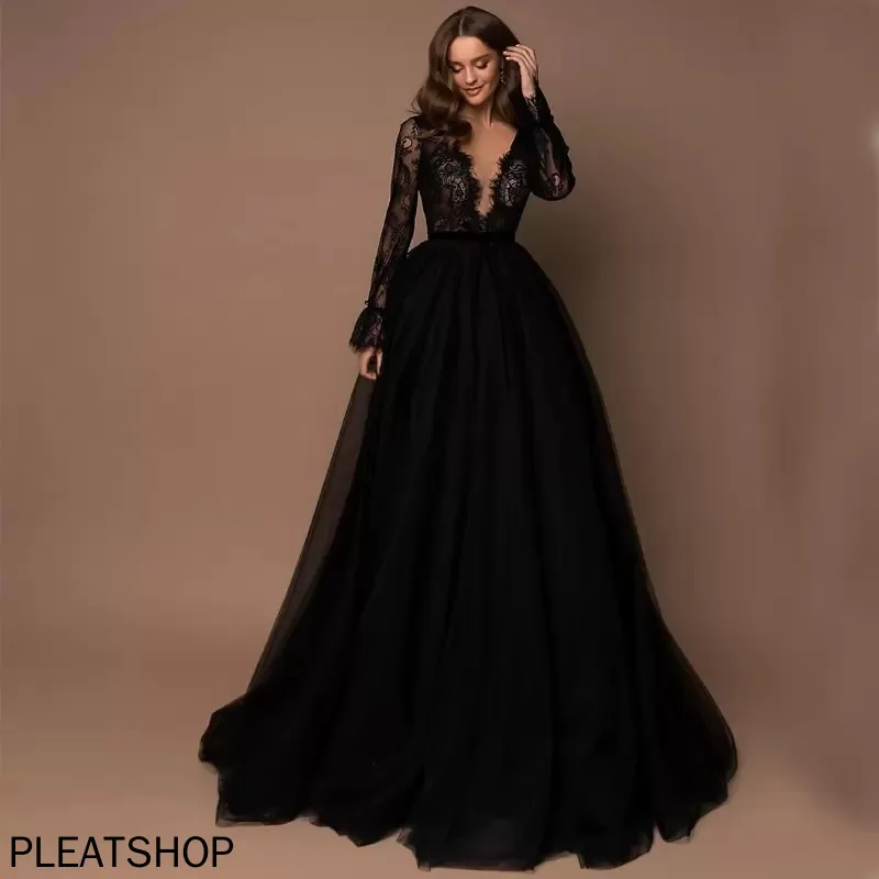 

Deep V Neck Wedding Dresses, Gothic Lace, Long Sleeves, Bridal Gowns, Full Length, Black A Line, Garden, Sexy