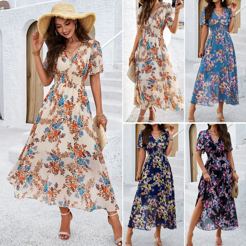 

DY-TemuIndependent Station Women's Clothing2024Spring and Summer Temperament Printed Waist Trimming Short-Sleeved Dress