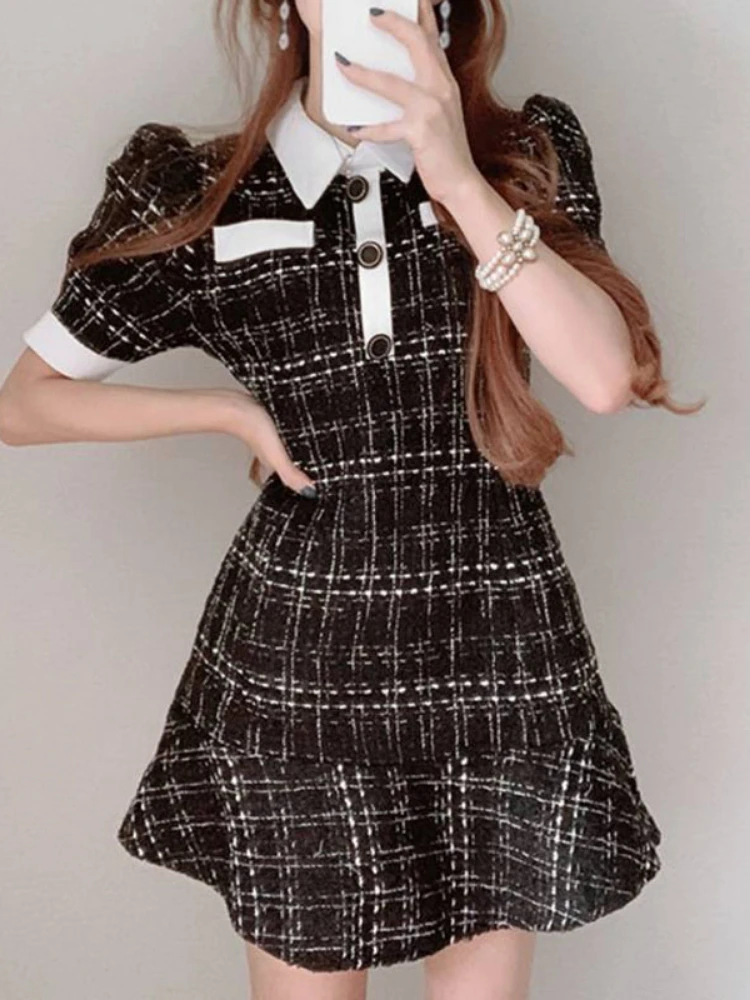 OCEANLOVE Spring Summer Women Dresses Plaid Vintage Korean Chic Office Lady Vestidos Ruffles Short Sleeve Elegant Mini Dress