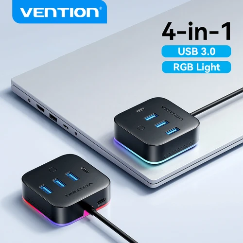 Vention USB A 3,0 HUB RGB interruptor de luz USB C 3,2 Gen1 5Gbps adaptador de concentrador de escritorio para PC portátil accesorios extensor divisor USB