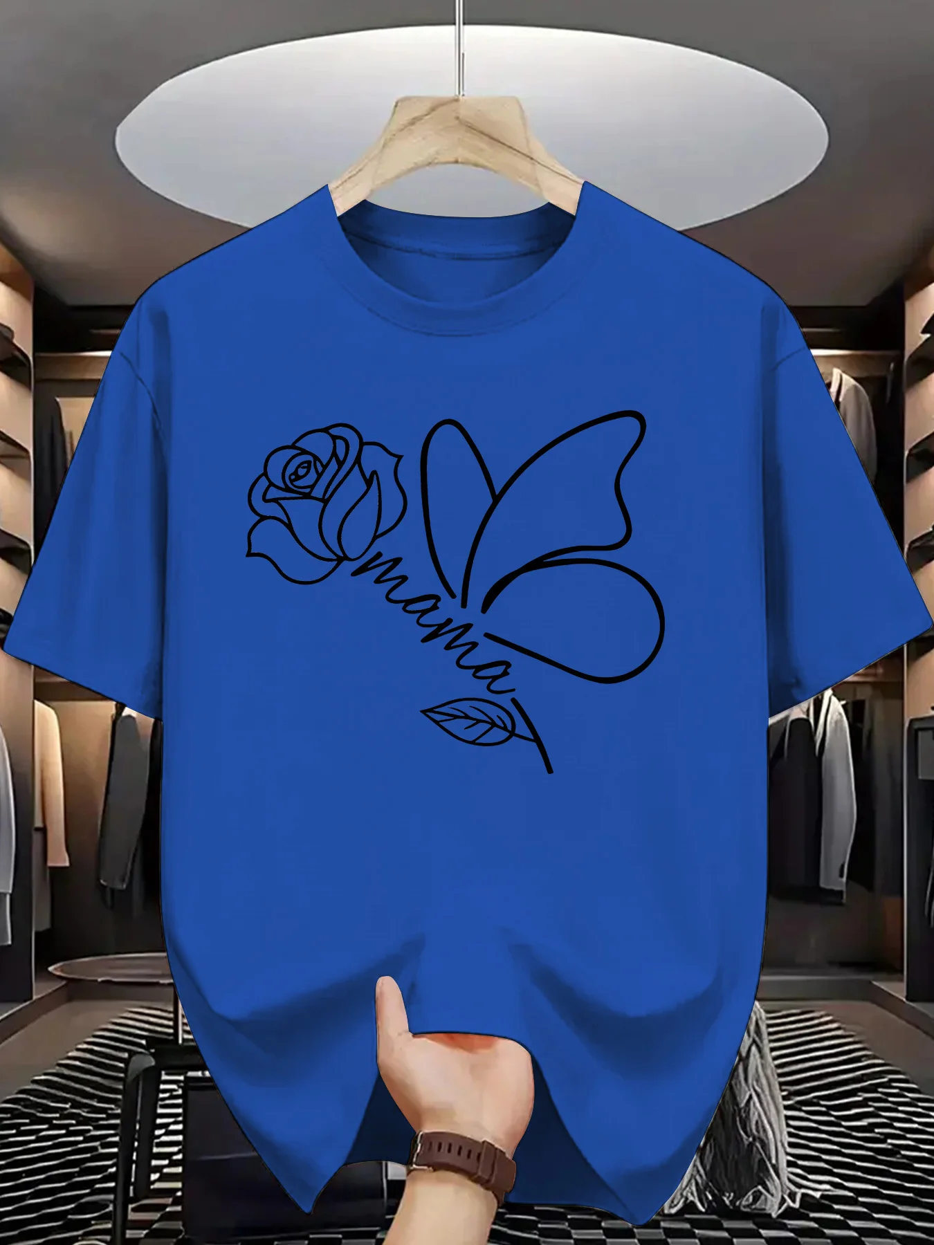 Line Art Men Short Sleeve Tshirt Mama Cursive Text Rose Butterfly Outline Print O Neck Tee Family Love Male Casual Fashion Tops