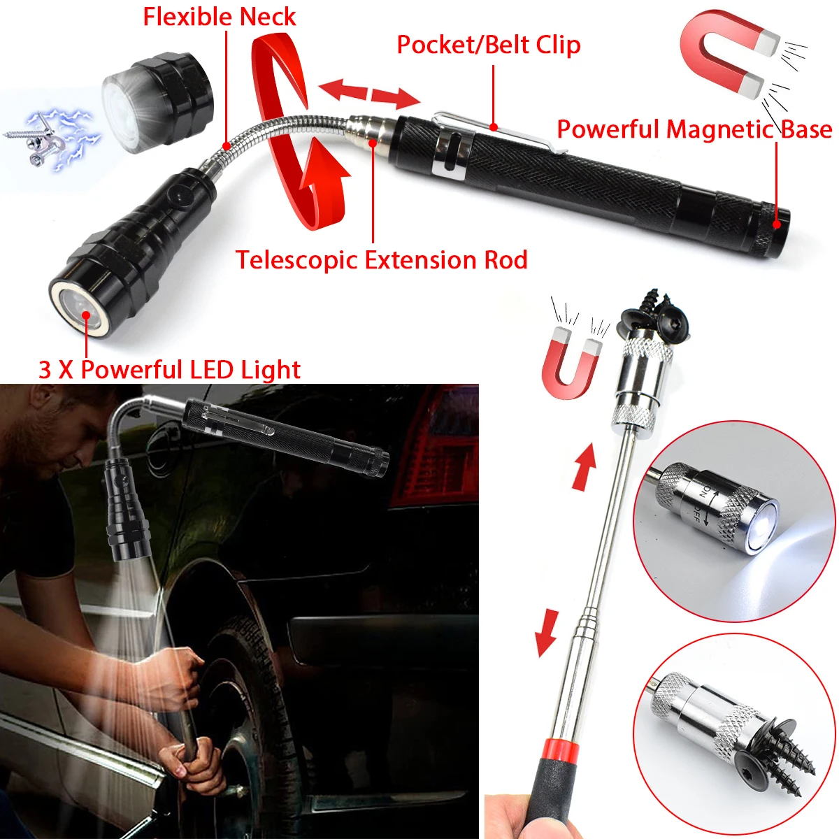 Car Tire Repair Kit Tubeless Tyre Puncture Studding Tool Set Motorcycle Vacuum Film Nail With Magnetic Flashlight Pickup Gauge