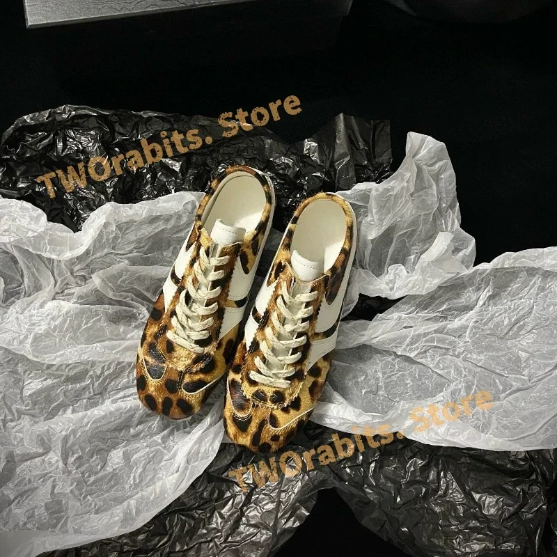 Running Tenis De Mujer Sport Loafer Suede Sneaker Leopard Print Woman Shoes Lace Up Flats Soft Buty Damskie Designer Mix Color