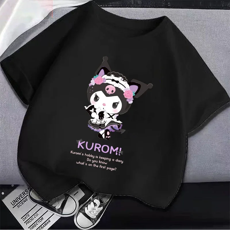 Kuromi New Children\'s T-shirt Cute Sanrio Cartoon Cotton Black White T-shirt Short Sleeve Boy Girl Loose Clothing Christmas Gift