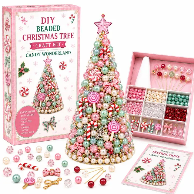 DIY Beaded Christmas Tree Craft Kit, Nutcracker Magic Mini Desktop Christmas Tree Making Kit, Complete Beads and Nutcracker Ornaments Christmas Desktop Home Decoration Supplies 5